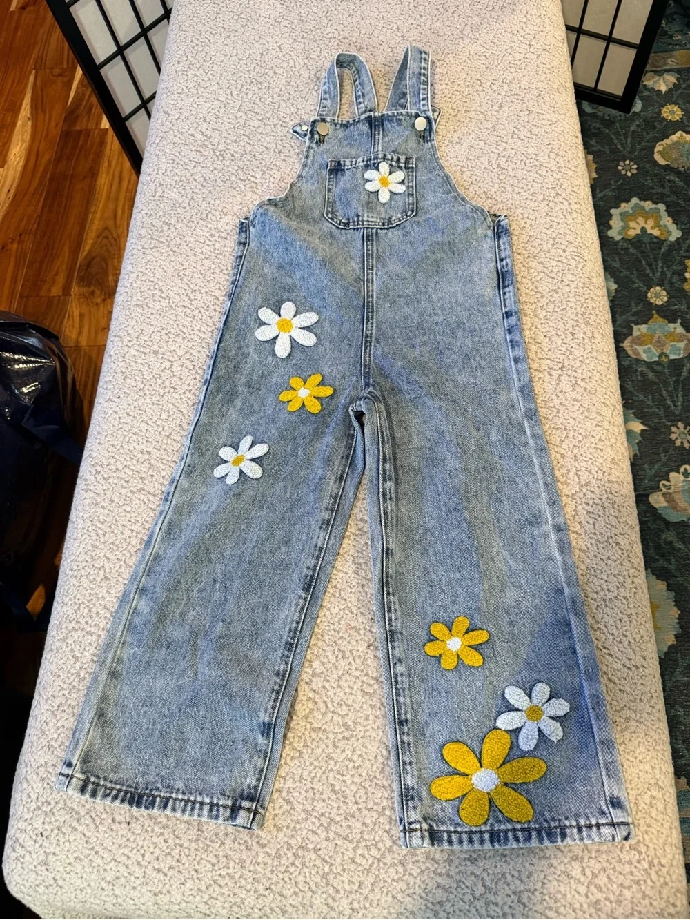 🌼Girls Floral Embroidered Denim Jean Overalls Size 7Y Wide Leg Boho Daisy NWT🌼